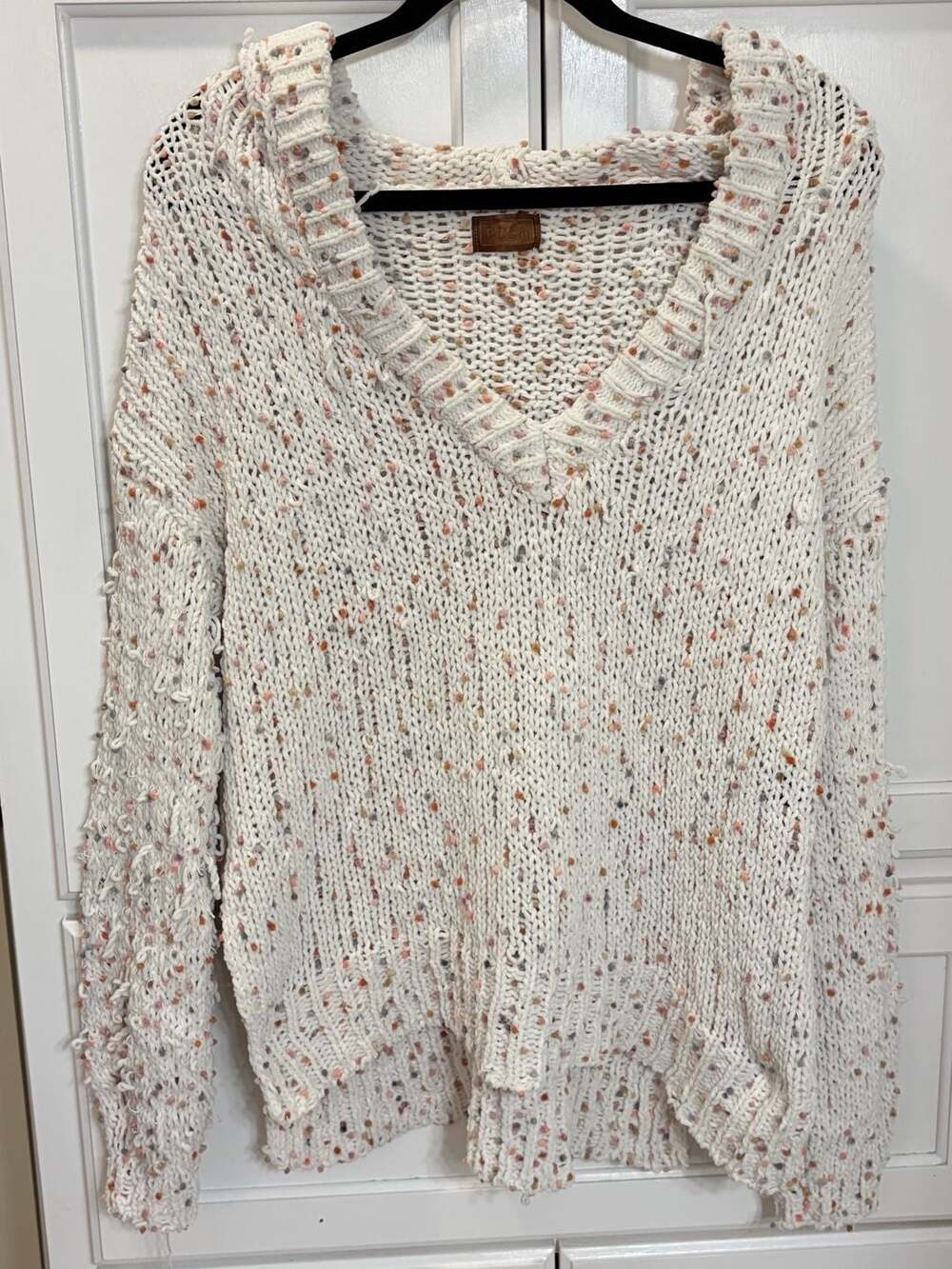 POL Women's Cream Multicolor Confetti Speckled Knit V-Neck Hoodie Sweater